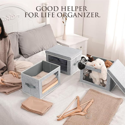 Homsorout Fabric Storage Bins with Lids - 3 Packs Storage Cubes with Window, Foldable Storage Baskets Bins for shelves, Closet Storage Boxes for Towels, Clothes, Home, Office, Blended