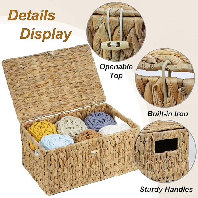 ORDELITE Set of 2 Wicker Basket with Lid, Rectangular Water Hyacinth Storage Baskets for Organizing, Decorative Woven Basket Bins Boxes for Organizing Home