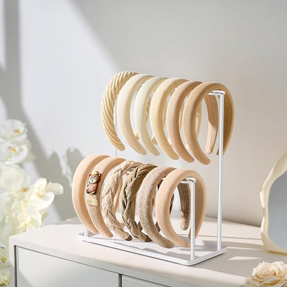 pickpiff Headband Holder Organizer Metal 2-Tier with Tray: Hair Accessories Display Stand Storage, Purse Charms Key Rings Rack Necklace Stand Home Bedroom for Girls Women, White