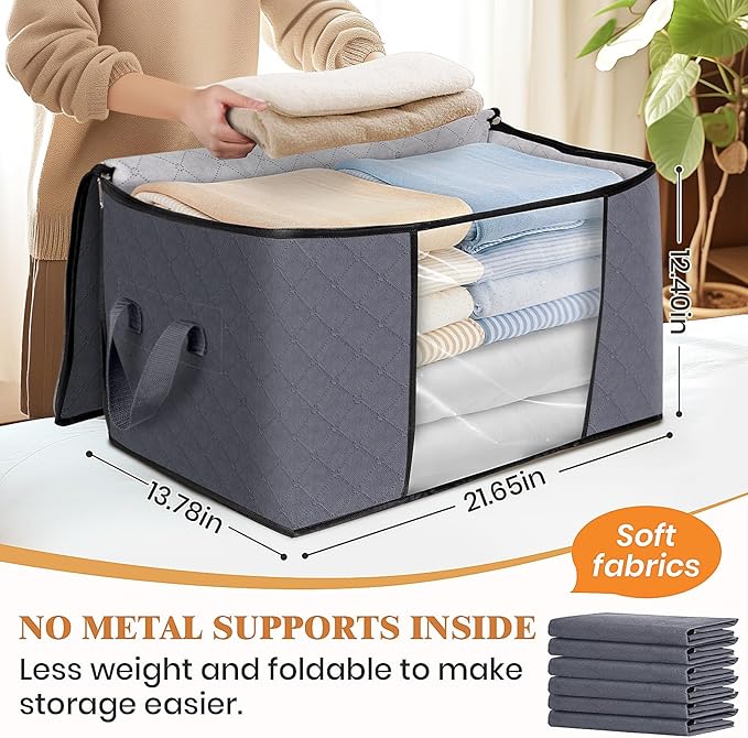 Fab totes 6 Pack Storage Bags for Clothes and Blanket, Foldable Closet Organizers and Storage with Zippers, Clear Window and Handles, Fabric Storage Bins for Sweater, Comforter, Bedding,Linen Sheets