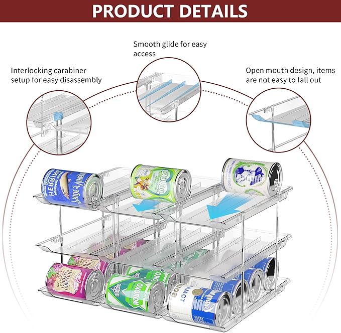 Attelite Can Organizer for Pantry, 6 Sets 3Tiers Can Storage Organizer Pantry, Soda Can Organizer for Fridge 72 Cans Rack Automatic Rolling Stackable Canned Food Organizer,Clear
