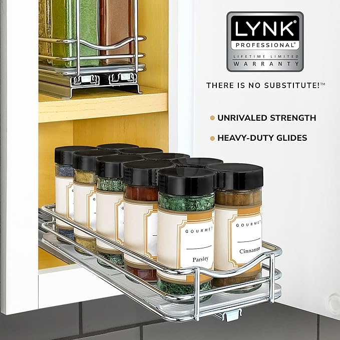 LYNK PROFESSIONAL® Pull Out Spice Organization for Cabinets - 4-3/8 inch Wide – Spice Rack for Inside Cabinets, Slide Out Spice Rack Organizer for cabinet – Pull Out Spice Rack, Sliding 1 Tier Chrome