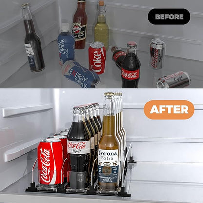 3 Rows Drink Organizer for Fridge, 15'' Soda Can Dispenser for Refrigerator with Pusher Glide, Width Adjustable Fridge Can Organization Hold Up to 25 Cans (Black)