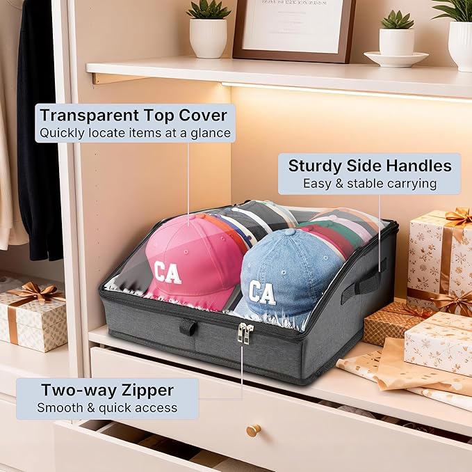 Hat Organizer for Baseball Caps, Hat Storage Holder Container for Closet Hold Up to 30 Caps with Clear Window, Hat Boxes for Home Storage (1Pcs Dark Gray