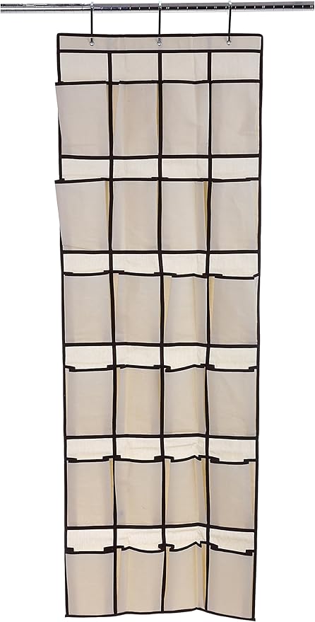 YBM HOME Ybmhome 24 Pocket Fabric Hanging Over The Closet Rod Shoe Storage Rack Organizer with 4 Metal Hanger Hooks Natural w/Brown Trim 2207 (1)