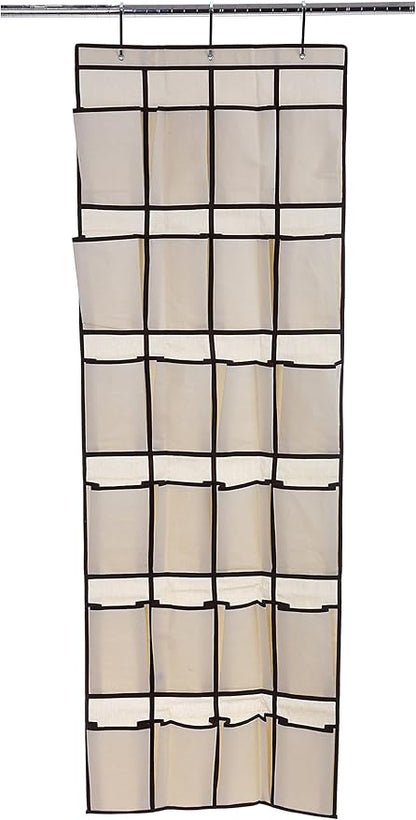 YBM HOME Ybmhome 24 Pocket Fabric Hanging Over The Closet Rod Shoe Storage Rack Organizer with 4 Metal Hanger Hooks Natural w/Brown Trim 2207 (1)