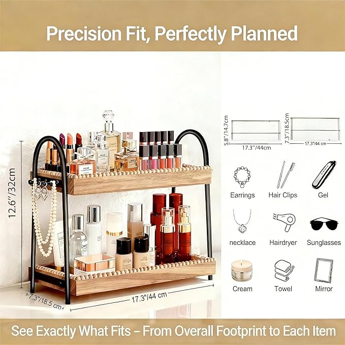 2-Tier Bathroom Countertop Organizer with 8 Hooks -Wooden Perfume & Makeup Storage Tray for Vanity Dresser, Farmhouse Skincare Organizer & Jewelry Holder for Kitchen Coffee Station