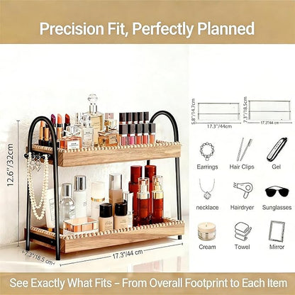2-Tier Bathroom Countertop Organizer with 8 Hooks -Wooden Perfume & Makeup Storage Tray for Vanity Dresser, Farmhouse Skincare Organizer & Jewelry Holder for Kitchen Coffee Station