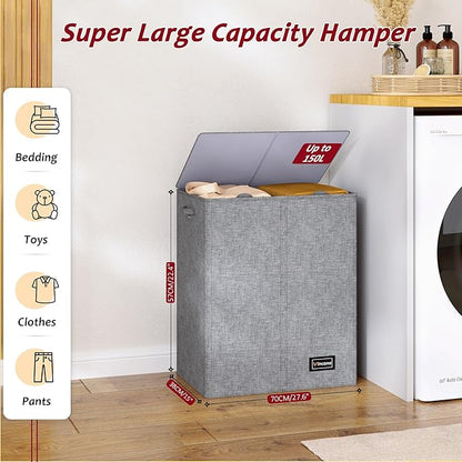 150L Laundry Hamper 2 Section, Large Laundry Hamper with Lid, Dirty Clothes Hamper with 2 Removable Inner Bags, Collapsible Laundry Basket Organizer for for Clothes Toys Towels, Hamper 2 Compartment