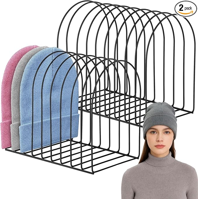 OMISTAR 2 Pcs Hat Storage Racks, 10.2 in Sturdy Beanie Holder Organizer for Desktop, Iron Knitted Hat Storage Rack, Winter Swimming Hat Display Rack, Metal Display Stand for Book