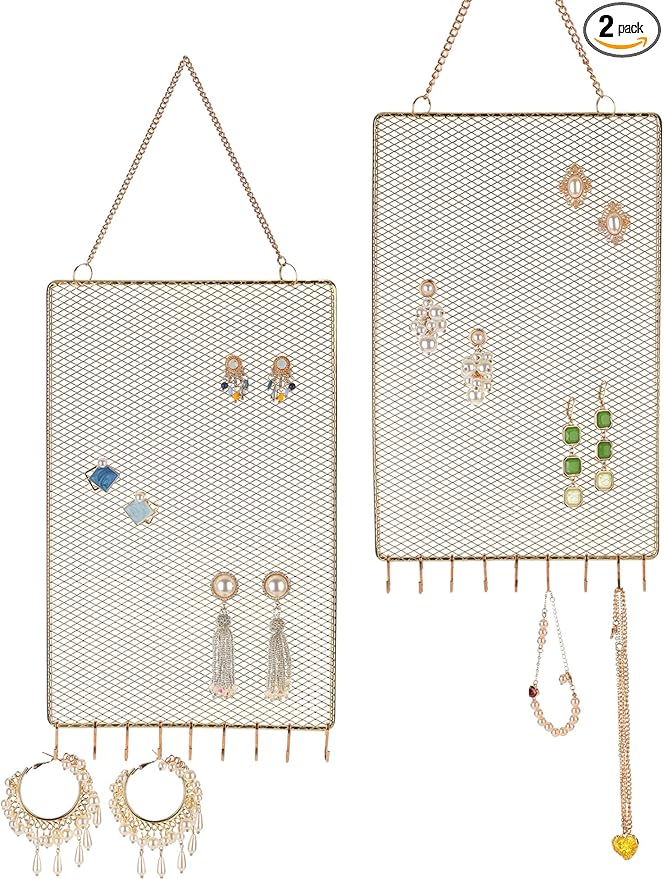 Heesch 2 Pack Earring Holder Wall Mounted Hanging Jewelry Organizer Display Decorative Metal Diamond Shape with Hooks for Necklaces Bracelets (Gold)