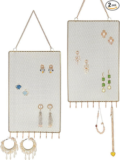 Heesch 2 Pack Earring Holder Wall Mounted Hanging Jewelry Organizer Display Decorative Metal Diamond Shape with Hooks for Necklaces Bracelets (Gold)