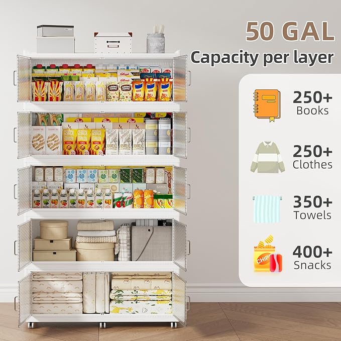 SAILUN 400Gal Extra Large Stackable Storage Bins with a Lid, Collapsible Storage Bins With Doors and Wheels, Foldable Storage Cabinet for Garage Closet Organization, White, 5Pack 39.4" W