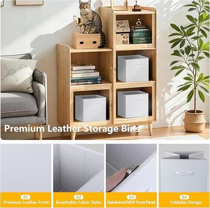 WUIKE 11-Inch White Storage Cube Bins, Leather Front Cubby Organizer Baskets with Handles, Collapsible Storage Bins for Shelves and Closet, 4-Pack