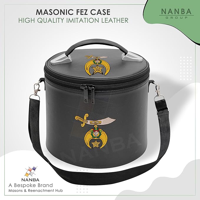 Machine Embroidered Shriner Fez Case – Deluxe Masonic Fez Cap Storage Box with Strap, Imitation Leather Gifts, Display Box for Masonic Fez Hats (Black)