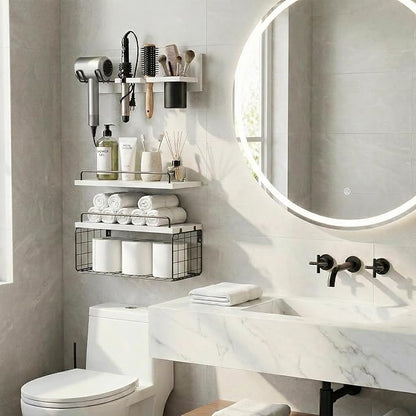 3-Tier Bathroom Floating Shelves with Curling Iron Holder & Hair Tool Organizer, Wall Mounted Rustic Wood Storage Rack Over Toilet with Hair Dryer Holder for Bathroom Decor & Organization