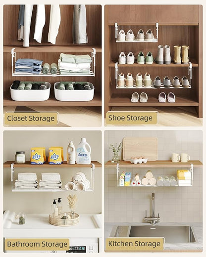 2 Pack Expandable Shoe Rack Organizer for Cabinet, Adjustable Hanging Under Shelf Storage, Sturdy Round Tube Design, Space Saving Shoe Shelf for Closet, Entryway, Laundry Room, White