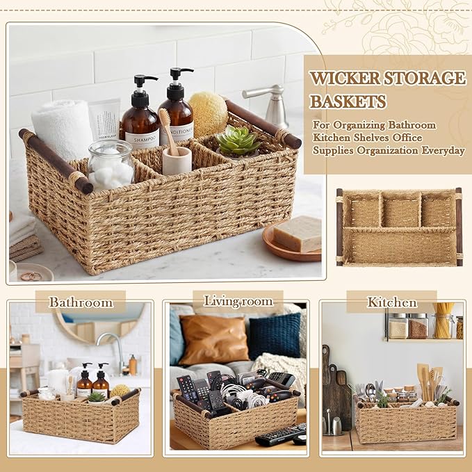 Remerry Bathroom Countertop Organizer Caddy, Wicker-Like Divided Basket with Handle and Metal Frame, 4 Compartment, Paper Rope Storage Organizer for Vanity Kitchen(Beige,15.35 x 10.24 x 6.3 in)
