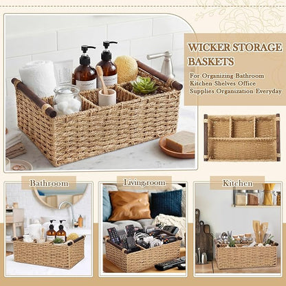 Remerry Bathroom Countertop Organizer Caddy, Wicker-Like Divided Basket with Handle and Metal Frame, 4 Compartment, Paper Rope Storage Organizer for Vanity Kitchen(Beige,15.35 x 10.24 x 6.3 in)