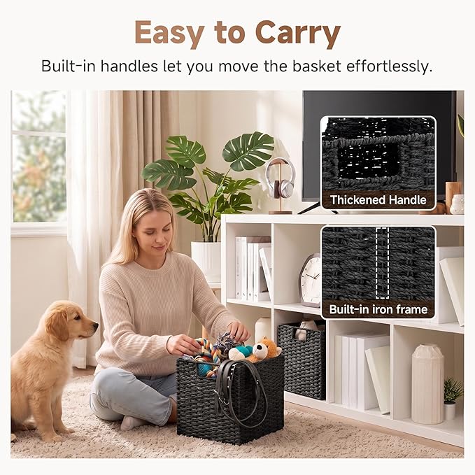 StorageWorks 11 inch Wicker Baskets, Handwoven Storage Cubes with Handles, Foldable Paper Rope Basket for Organizing, Black, 2 Pack