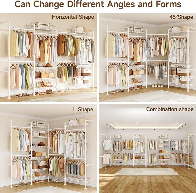 ONBRILL H4 Wall Mounted Closet System, Expandable Industrial Pipe Clothes Rack Clothing Rack for Hanging Clothes, Heavy Duty Closet Organizers and Storage in Wardrobe Closet - White