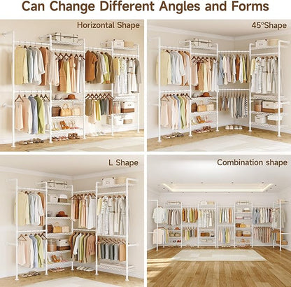 ONBRILL H4 Wall Mounted Closet System, Expandable Industrial Pipe Clothes Rack Clothing Rack for Hanging Clothes, Heavy Duty Closet Organizers and Storage in Wardrobe Closet - White