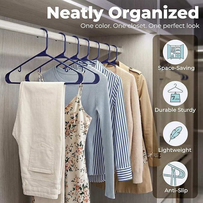 HOUSE DAY Blue Plastic Hangers 60 Pack, Clothes Hangers with Non Slip Hooks, Durable & Space Saving Coat Hanger, Light-Weight Clothing Hangers, Perfect Closet Organizer for Everyday Use