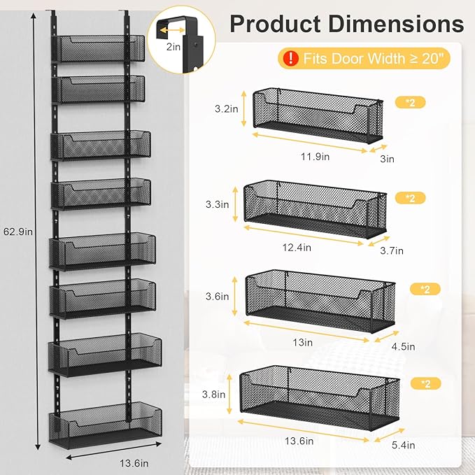 VyGrow Over the Door Organizer, 8-Tier Pantry Organizer with Fully Enclosed Mesh Baskets, Heavy-Duty Metal Hanging Spice Rack for Kitchen Bathroom Laundry Room, 2-in-1 Wall Mount or Door Mount, Black