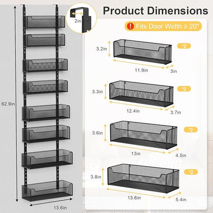 VyGrow Over the Door Organizer, 8-Tier Pantry Organizer with Fully Enclosed Mesh Baskets, Heavy-Duty Metal Hanging Spice Rack for Kitchen Bathroom Laundry Room, 2-in-1 Wall Mount or Door Mount, Black