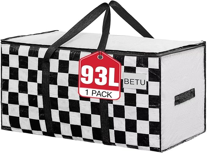 BETU 1 Pack Moving Bags Moving Storage College Dorm Camping Packing Travel PE Heavy Duty, Sturdy Handle, Zipper Large Storage Tote Bag Moving Boxes Box Alternative - White Plaid 29L x 15W x 15H