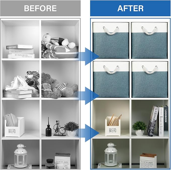 Temary Cube Bins 4 Pack Large Storage Cube Storage Baskets 13x13x13 Storage Cube Bins for Shelves with Handles, Fabric Storage Cubes for Gifts Empty (White&Dark Green)