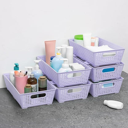 Tiawudi Stackable Woven Plastic Basket, Storage Bins for Cabinet, Closet, Shelf, Under Sink and Countertop, Pantry Organizer Bins, 6 Pack