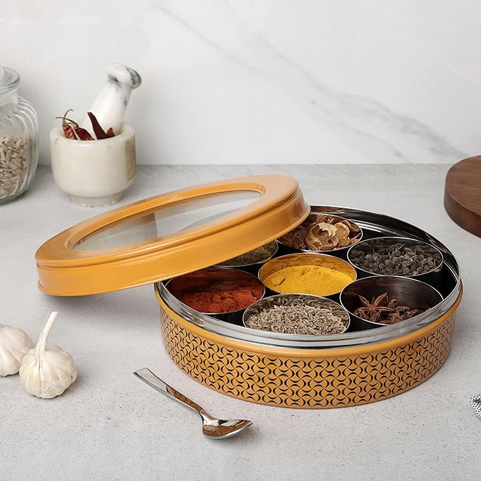 dudki 7 in 1 Stainless Steel Spice box for kitchen sturdy Masala dabba jar for Spices Seamless Design (Caramel Orange)