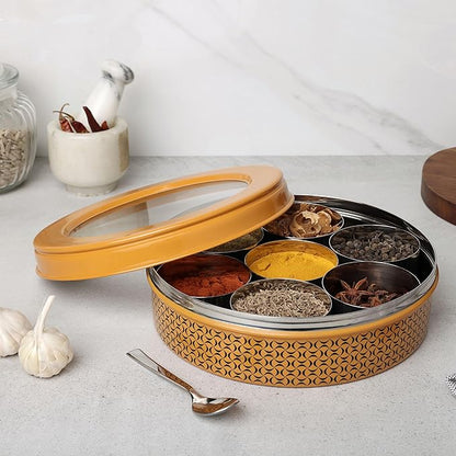 dudki 7 in 1 Stainless Steel Spice box for kitchen sturdy Masala dabba jar for Spices Seamless Design (Caramel Orange)