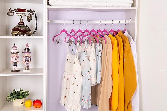 80 Pack Pink Quality Plastic Non Velvet Non-Flocked Thin Compact Coat Hangers with Metal Clips for Skirts Pants Blouses 360° Swivel Hook