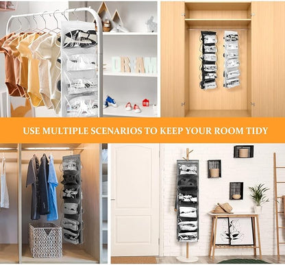 Barydat 3 Pcs Dual Sided Hanging Shoe Organizer 12 Clear Pockets Mesh Hanging Shoe Rack Holder with Rotating Hanger for Closet Storage Men Women Handbags Kids Clothing, Grey, White and Black