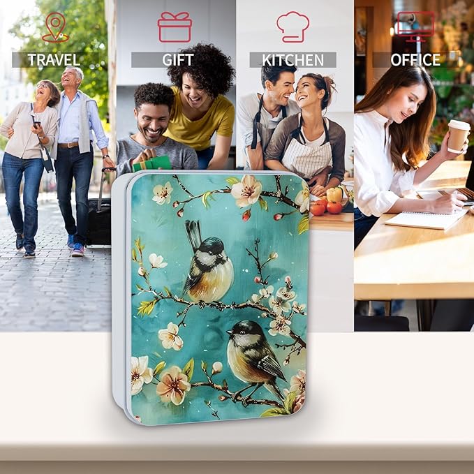 Metal Tin Box Sturdy Metal Storage Box with Lid, Birds and Flower Large Container Holder for TCG Cards, Car Keys, Cookies, Tin Containers for Gift, 5.0x3.7x1.6 Inch, Exquisite Pattern Design