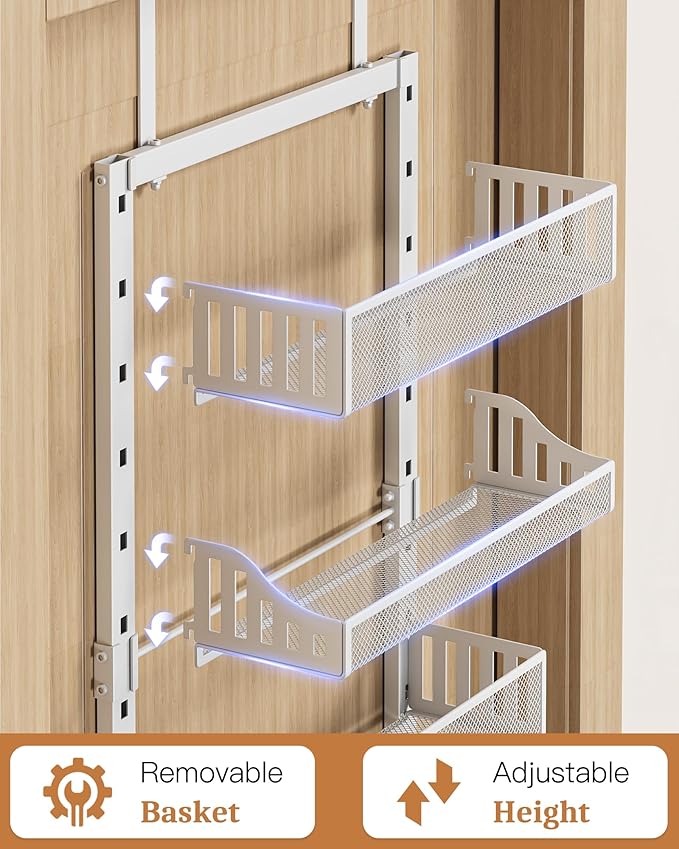 POKIPO Over the Door Pantry Organizer 8-Tier, Large Metal Door Spice Rack with Adjustable Basket, 2 in 1 Wall Mount or Hanging Heavy-Duty Pantry Door Storage Shelf for Kitchen and Bathroom, White