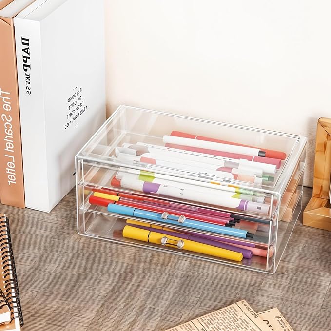 1 Pc Acrylic Storage Drawers, 9.3 X 5.3 X 4 Inch Clear Storage Drawers with 3 Drawer Stackable Makeup Organizer Cosmetic Display Case Stationery Organizer for Dresser, Bathroom, Vanity, Countertop