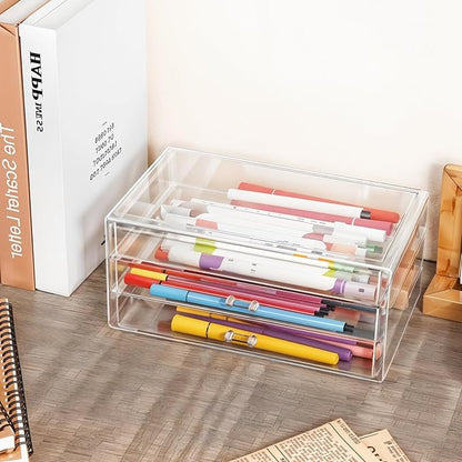 1 Pc Acrylic Storage Drawers, 9.3 X 5.3 X 4 Inch Clear Storage Drawers with 3 Drawer Stackable Makeup Organizer Cosmetic Display Case Stationery Organizer for Dresser, Bathroom, Vanity, Countertop