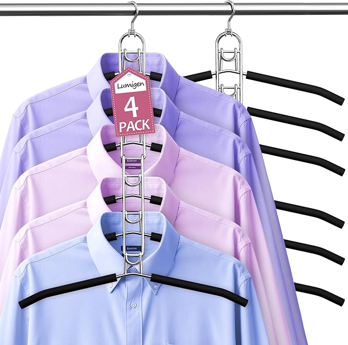 Clothes Hangers Space Saving, Newly Upgraded Detachable Shirt Hangers, 6-Tier Foldable Coat Hanger with 360° Swivel Hook for Closet Organizers and Storage Shirt,Sweater,Suit - 4 Pack, Patent Pending