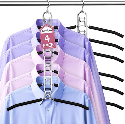 Clothes Hangers Space Saving, Newly Upgraded Detachable Shirt Hangers, 6-Tier Foldable Coat Hanger with 360° Swivel Hook for Closet Organizers and Storage Shirt,Sweater,Suit - 4 Pack, Patent Pending