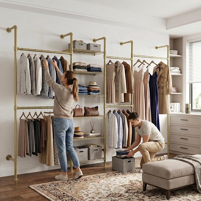 F4 Wall Mounted Closet System, Industrial Pipe Clothing Rack for Hanging Clothes, Heavy Duty Closet Organizer System, Clothes Racks with Shelves & Expandable Rod for Wardrobe, Corner, Gold
