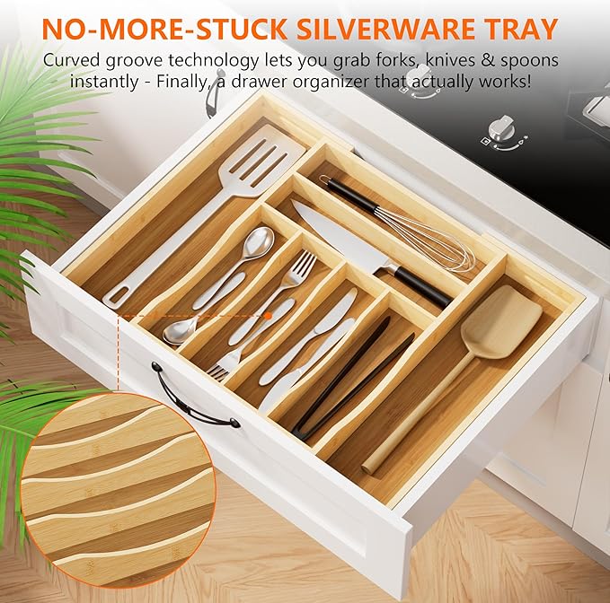 Expandable and Adjustable Bamboo Drawer Organizer Tray - Cutlery & Flatware Organizers for Kitchen Utensils, Silverware Organizer with Dividers, 6-8 Slots with Curved Grooves (Natural)