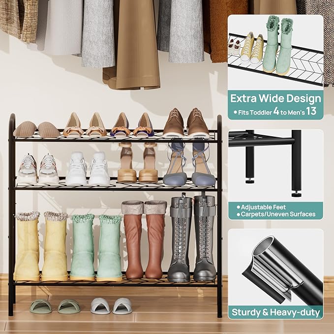 viewcare Shoe Rack for Closet, 4-Tier Long Shoe Rack for Entryway & Garage, Black Shoe Organizer Holds 12-16 Pairs, Sturdy Metal Construction