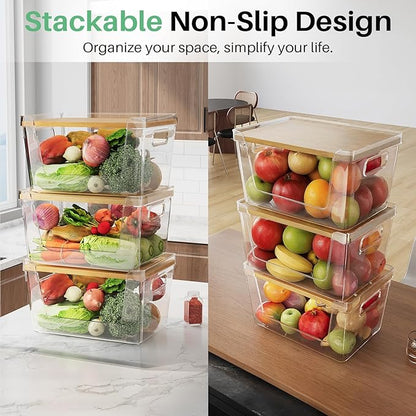 3 Set Pantry Organizer and Stackable Storage Kitchen,Sturdy and Durable Storage Basket for Potato, Onion, Garlic, Fruit, Vegetable, Produce, Clear Plastic Storage with Lid&Handle
