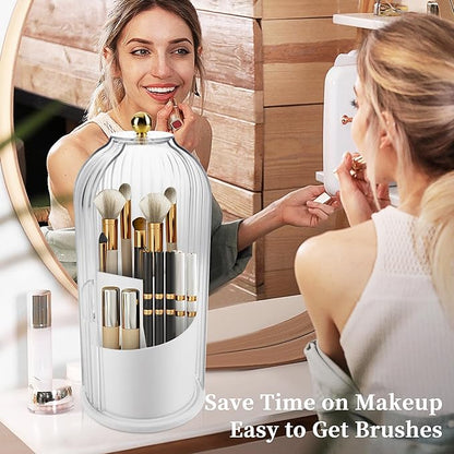 Makeup Brush Holder with Lid 360 Rotating Makeup Brush Organizer, Dustproof Waterproof Material & with 3 Compartments for Organized Storage, Dressing Tables Clear Storage Skincare Cosmetic (White)