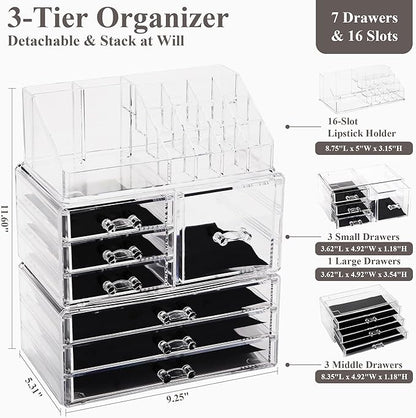 Sea Team 3-Layer Stackable Clear Makeup Organizer with Drawers, Acrylic Plastic Cosmetic Display Case, Jewelry Storage Box for Dresser, Bathroom, Vanity, Countertop (7 Drawers, 1 Lipstick Holder)