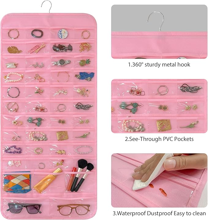 Bloss Hanging Jewelry Organizer With 90 Pockets,Earring Holder Organizer Storage For Valentine's Day Gift,Double-Sided Jewelry Holder for Earrings, Necklaces, Rings on Closet,Wall,Door(Pinck)