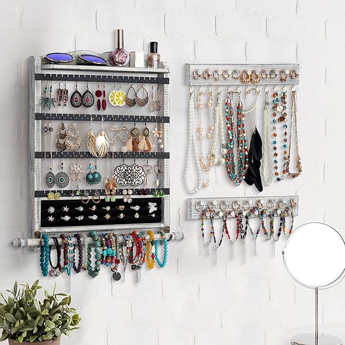 Wall Jewelry Organizer Set of 3 Jewelry Holder Jewelry Organizer Wall Mounted Wood Hanging Jewelry Wall Organizer Rustic Jewelry Hanger for Jewelry Storage Display
